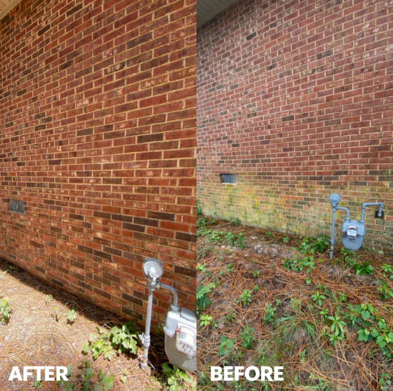 Brick home before and after exterior cleaning
